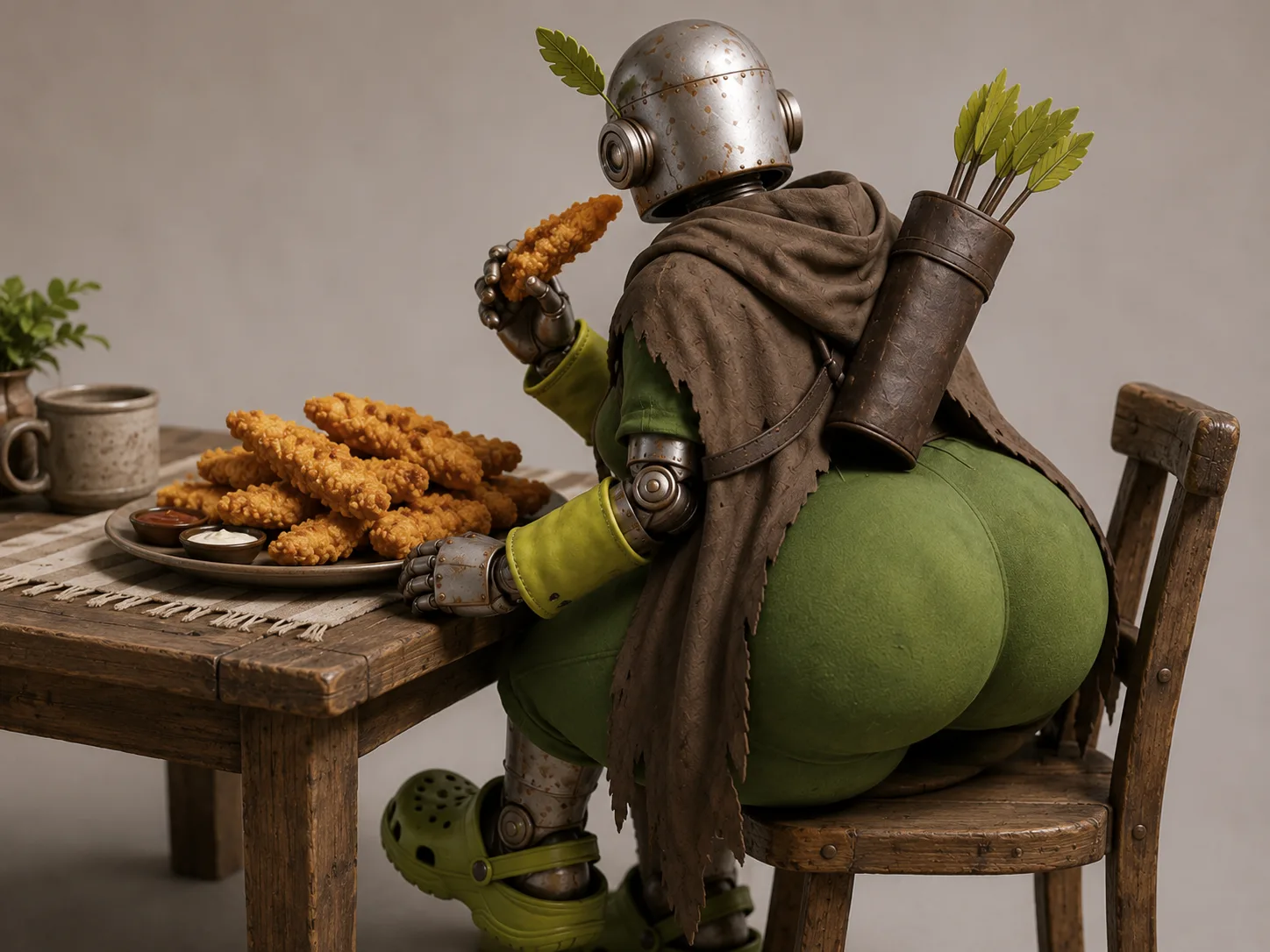 $Rusty eating tendies at a wooden table