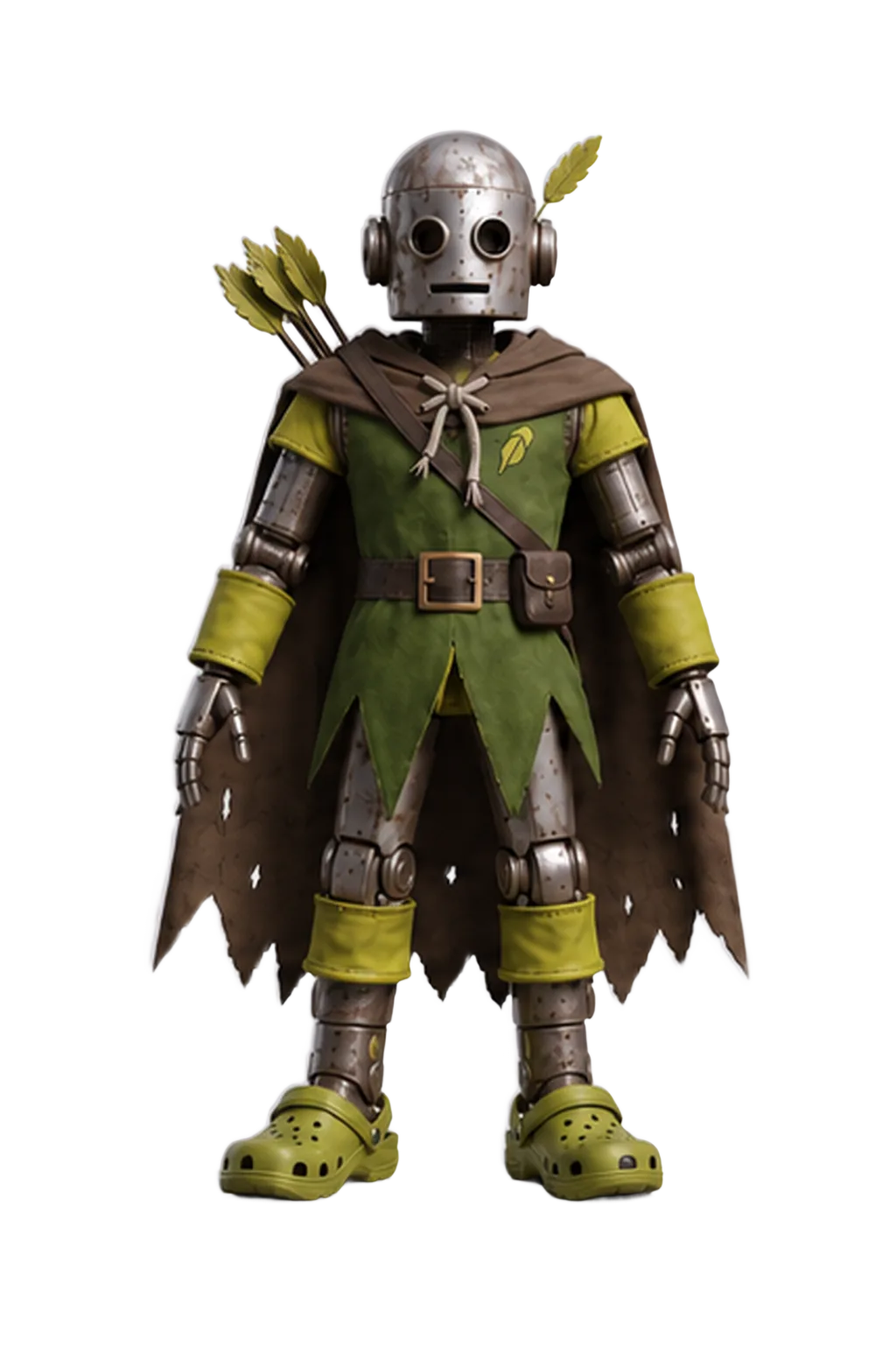 $Rusty, a small tin automaton archer in a riveted steel helmet, tattered green tunic, brown cape, and olive foam clogs